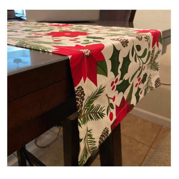 Christmas Table Runner Red Holiday Decorative Cloth Poinsettia Decor Decoration - Picture 5 of 10